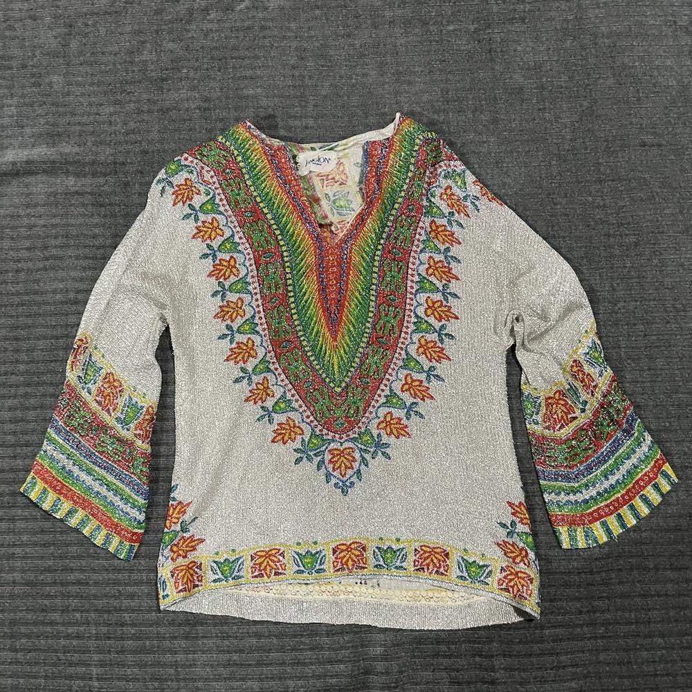 Vintage 60s L'Aiglon long sleeve V-neck Disco Sparkle Tunic Style Top Shimmer